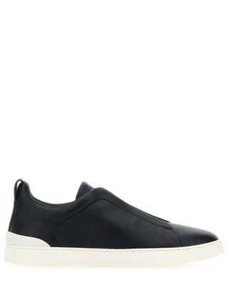 Zegna Mens Navy Deerskin Triple Stitch Sneakers