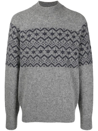 Brunello Cucinelli Mens Jacquard-Detail Crewneck Grey Sweater
