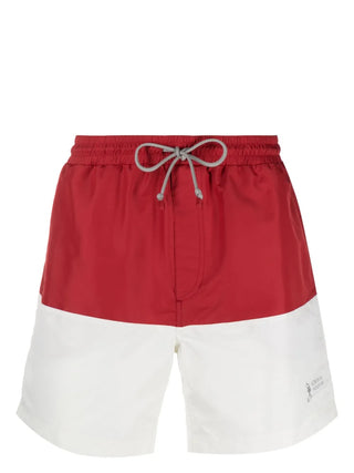 Brunello Cucinelli Mens Red & White Color Block Logo Embroidered Swim Shorts