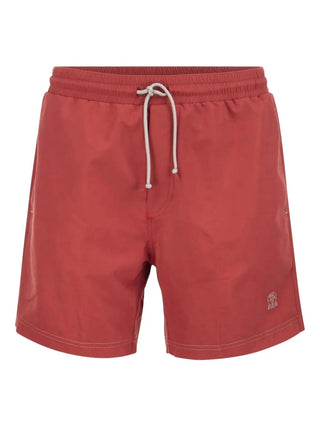 Brunello Cucinelli Mens Red Logo-Embroidered Swim Shorts