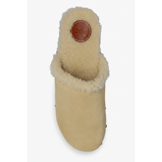 Chloé Beige Suede Shearling-Lined Studded Platform Clogs