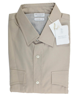 Brunello Cucinelli New Men’s Beige Casual Double Pocket Shirt