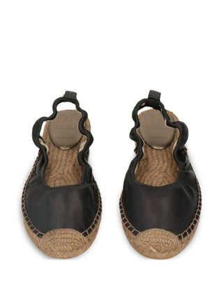 Brunello Cucinelli Leather Black Women's Espadrilles with Straw Bottom
