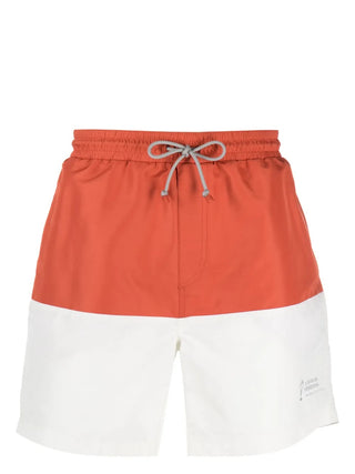 Brunello Cucinelli Mens Logo Embroidered Swim Trunks in Orange & White