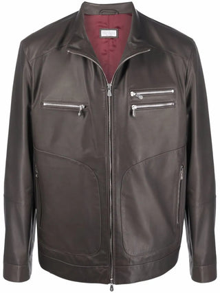 Brunello Cucinelli Mens Leather Zip Up Brown Jacket