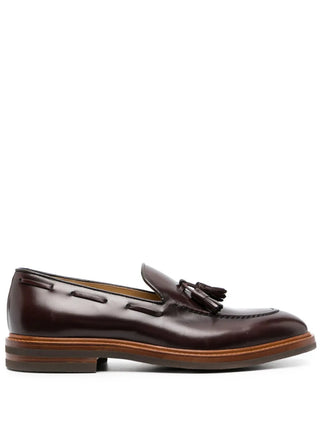 Brunello Cucinelli Mens Leather Tassle Loafers in Burgundy