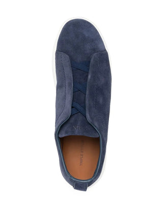 Zegna Mens Blue Suede Triple Stitch Sneakers