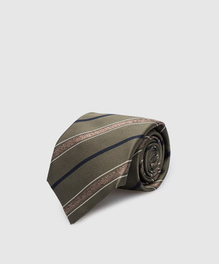 Brunello Cucinelli Hunter Green Khaki Navy Striped Silk Men's Tie