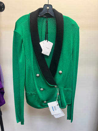 Balmain Womens Green Double Breasted Blazer with Black Shawl Collar and Silver Buttons