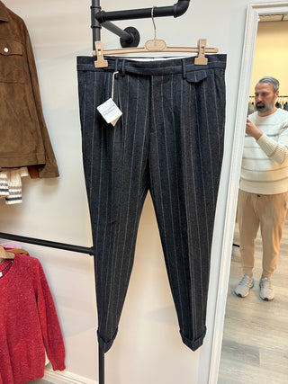 Brunello Cucinelli Mens New Lana Wool Charcoal Grey W Light Grey Pin Striped Cuffed Pant
