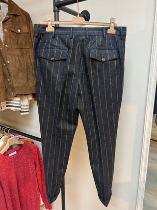 Brunello Cucinelli Mens New Lana Wool Charcoal Grey W Light Grey Pin Striped Cuffed Pant