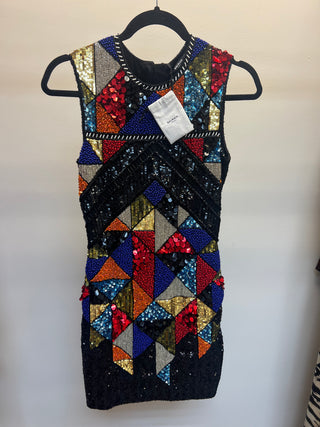 Balmain Womens Black Colorful Sequin Embellished Sleeveless Dress