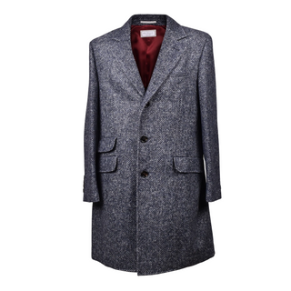 Brunello Cucinelli Mens Navy Wool Blend Herringbone Long Coat