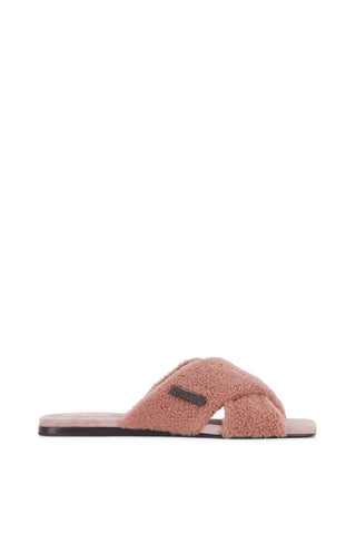 Brunello Cucinelli Rose Pink Shearling Criss Cross Women's Flat Sandal Slippers
