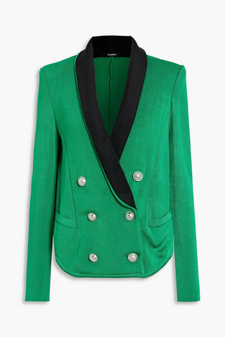 Balmain Womens Green Double Breasted Blazer with Black Shawl Collar and Silver Buttons