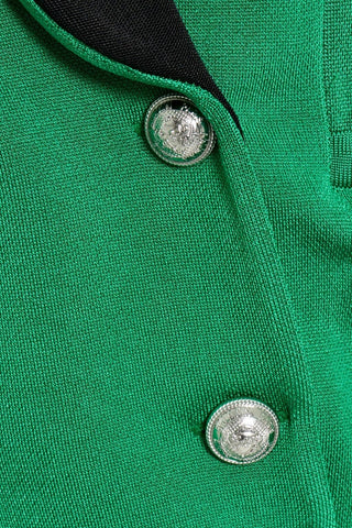 Balmain Womens Green Double Breasted Blazer with Black Shawl Collar and Silver Buttons