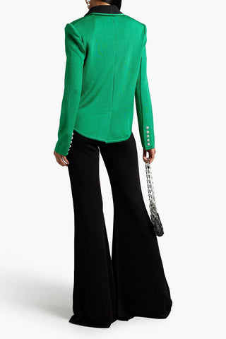 Balmain Womens Green Double Breasted Blazer with Black Shawl Collar and Silver Buttons