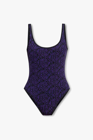 Versace New Women's Reversible Swimsuit Black Purple Logo