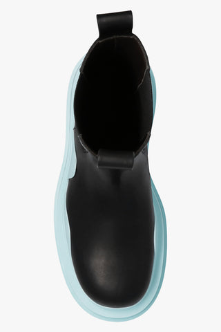 Bottega Veneta New Tire Leather Chelsea Boots In Black Light Blue
