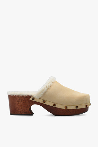 Chloe Aurna Beige Suede Clog Shoes Real Wood Structure